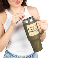 Rest, Relax & Renew Insulated Travel Mug, 40oz - Motivational Drinkware, Perfect for Gifts, Outdoor Adventures, Self-Care & Relaxation