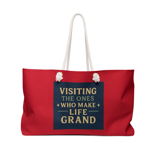 Grandparents Visiting Weekender Bag, Perfect Travel Tote for Friends, Family Visits, Getaways, Beach Days, Red Canvas Carryall