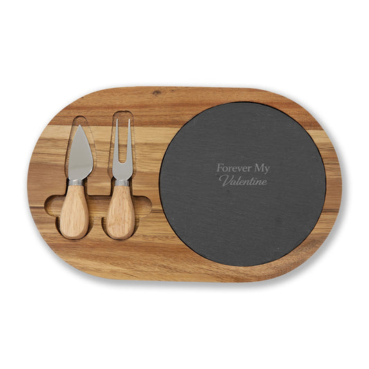 Engraved Acacia Charcuterie Board with Slate Insert & Cheese Tools — "Forever My Valentine"