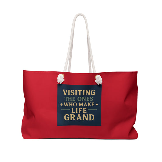 Grandparents Visiting Weekender Bag, Perfect Travel Tote for Friends, Family Visits, Getaways, Beach Days, Red Canvas Carryall
