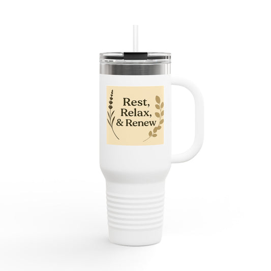Rest, Relax & Renew Insulated Travel Mug, 40oz - Motivational Drinkware, Perfect for Gifts, Outdoor Adventures, Self-Care & Relaxation