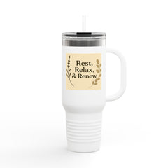 Rest, Relax & Renew Insulated Travel Mug, 40oz - Motivational Drinkware, Perfect for Gifts, Outdoor Adventures, Self-Care & Relaxation