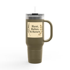 Rest, Relax & Renew Insulated Travel Mug, 40oz - Motivational Drinkware, Perfect for Gifts, Outdoor Adventures, Self-Care & Relaxation