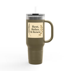 Rest, Relax & Renew Insulated Travel Mug, 40oz - Motivational Drinkware, Perfect for Gifts, Outdoor Adventures, Self-Care & Relaxation
