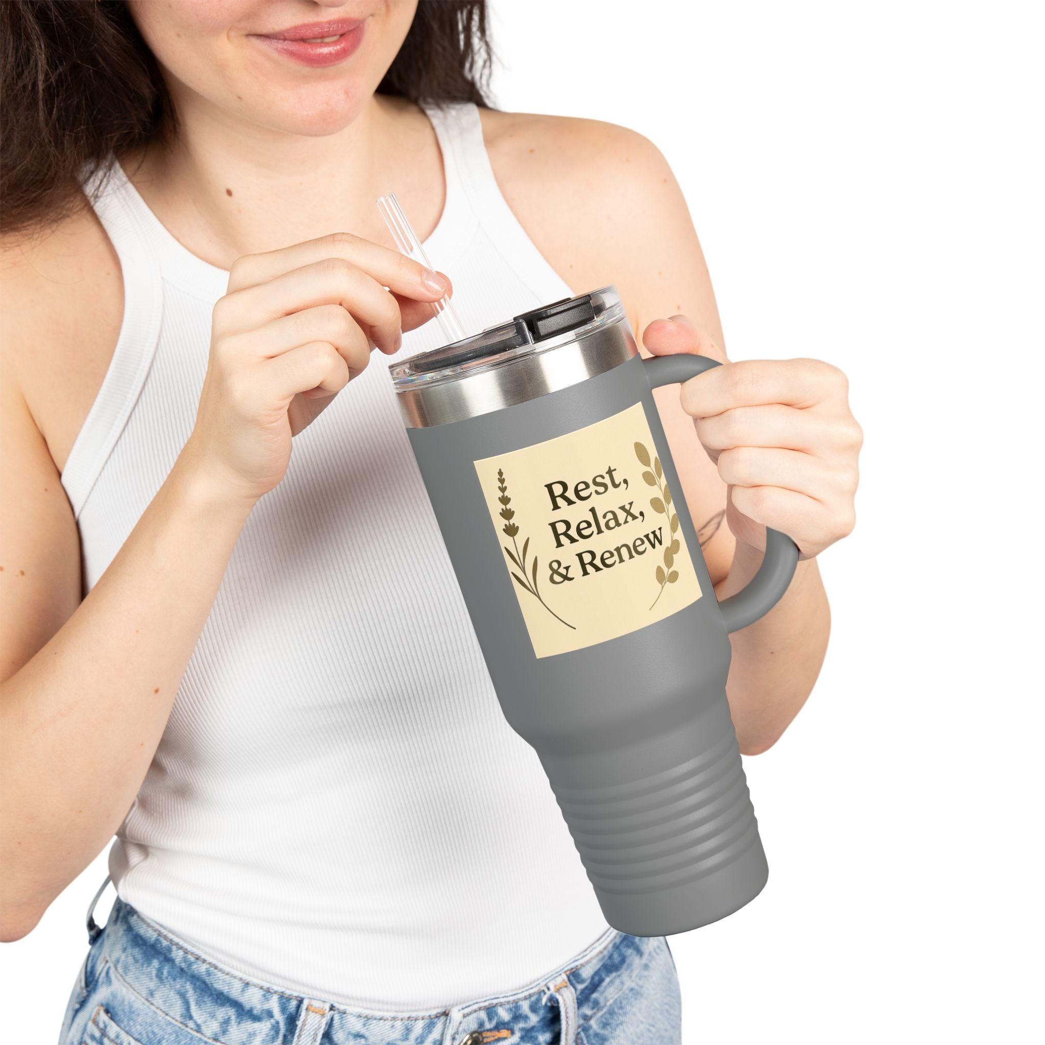 Rest, Relax & Renew Insulated Travel Mug, 40oz - Motivational Drinkware, Perfect for Gifts, Outdoor Adventures, Self-Care & Relaxation