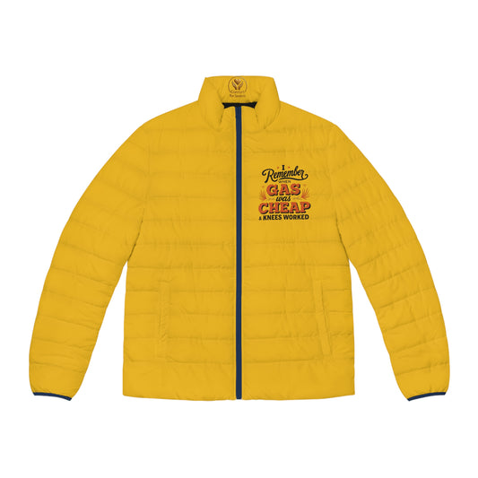 Men's Yellow Puffer Jacket - 'Remember when Gas was Cheap and Knees worked'